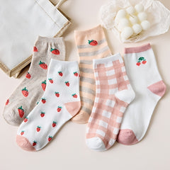 5 Pairs Strawberry Print Socks Women's Mid Tube Stockings