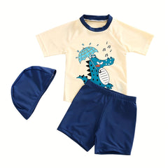 Boys Swimsuit 3pcs Crocodile Print Short Sleeve T shirt & Swim Trunks