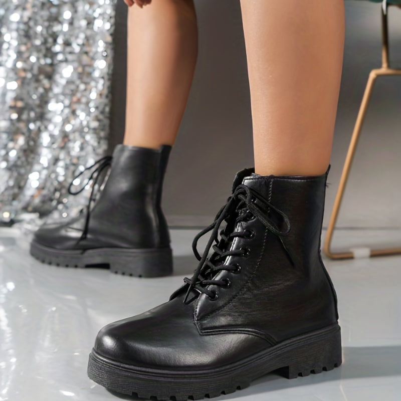 Women's Chunky Combat Boots Lace Up Faux Leather Boots