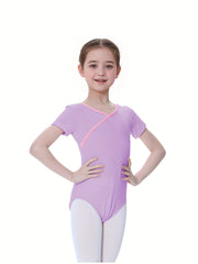Girls V Neck Short Sleeve Ballet Leotard for Dance Gymnastics