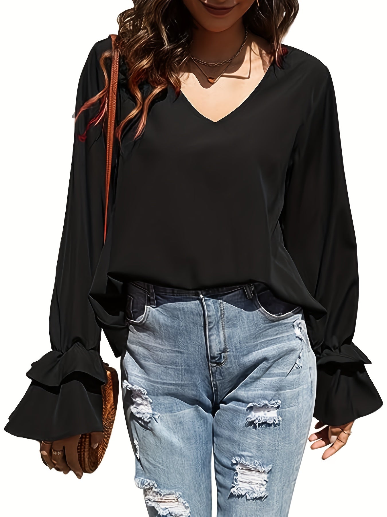 Plus Solid Lantern Sleeve Ruffle Trim V Neck Top
