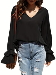 Plus Solid Lantern Sleeve Ruffle Trim V Neck Top