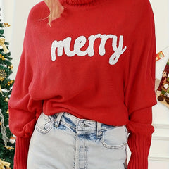 Women's Plus Letter Patch Bat Sleeve Turtle Neck Sweater
