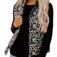 Leopard Print Zip Up Sleeveless Vest High Neck Casual Women's Clothing