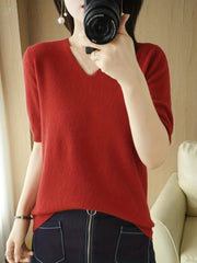 Half Sleeve V Neck Sweater Knitted Casual Top Women's Clothing