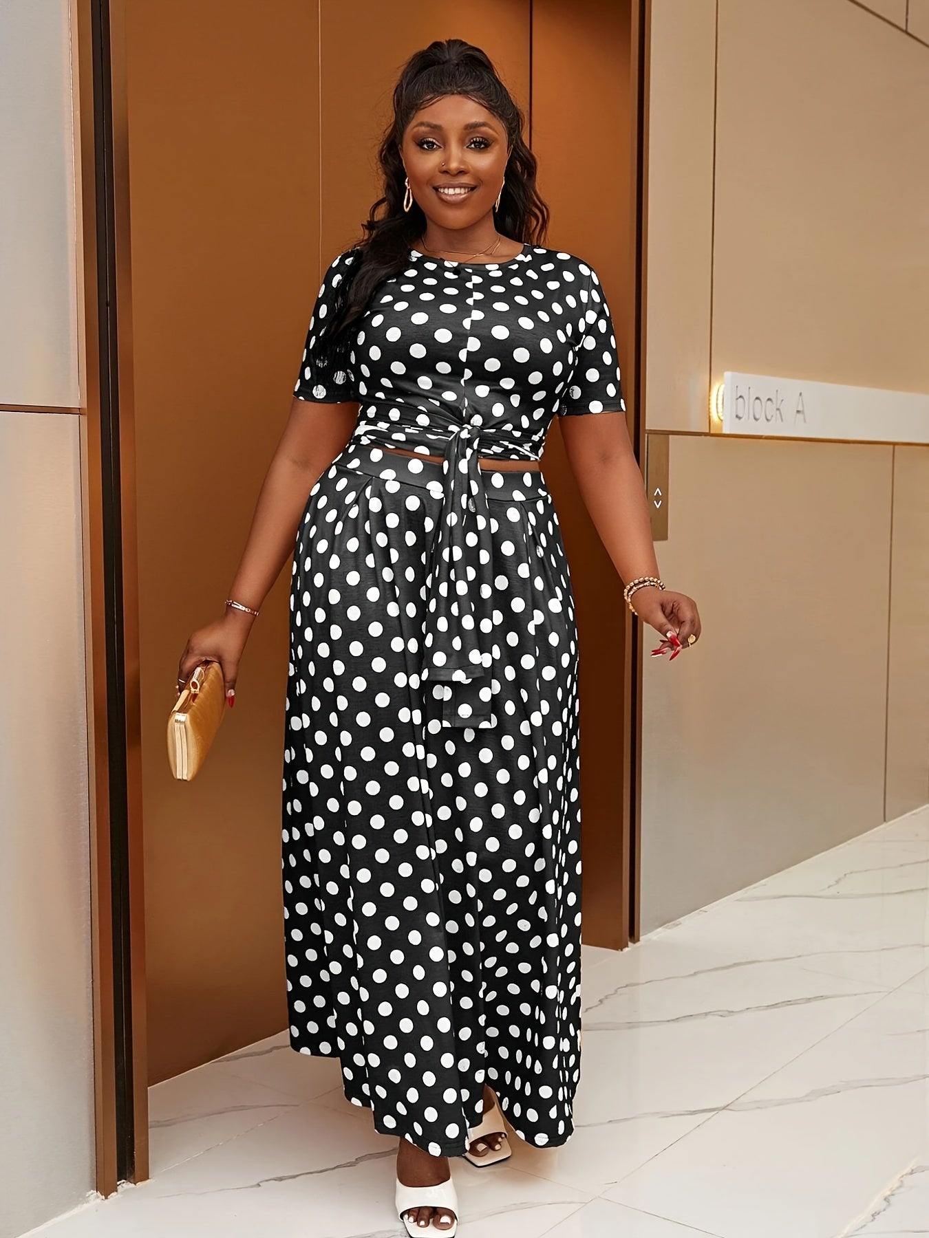 Polka Print Two Piece Set Crop Top & Maxi Skirt