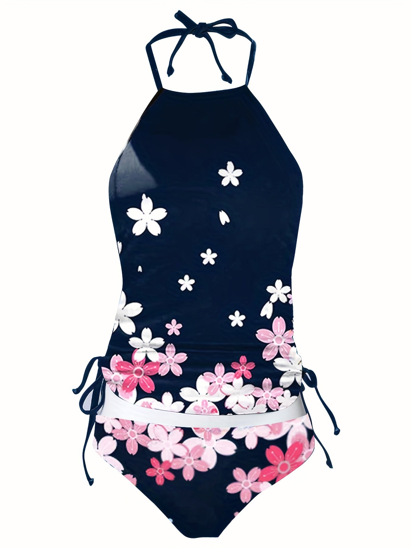 Floral Pattern Casual Tankini Set Halter Round Neck High Cut Swimsuit