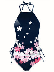 Floral Pattern Casual Tankini Set Halter Round Neck High Cut Swimsuit