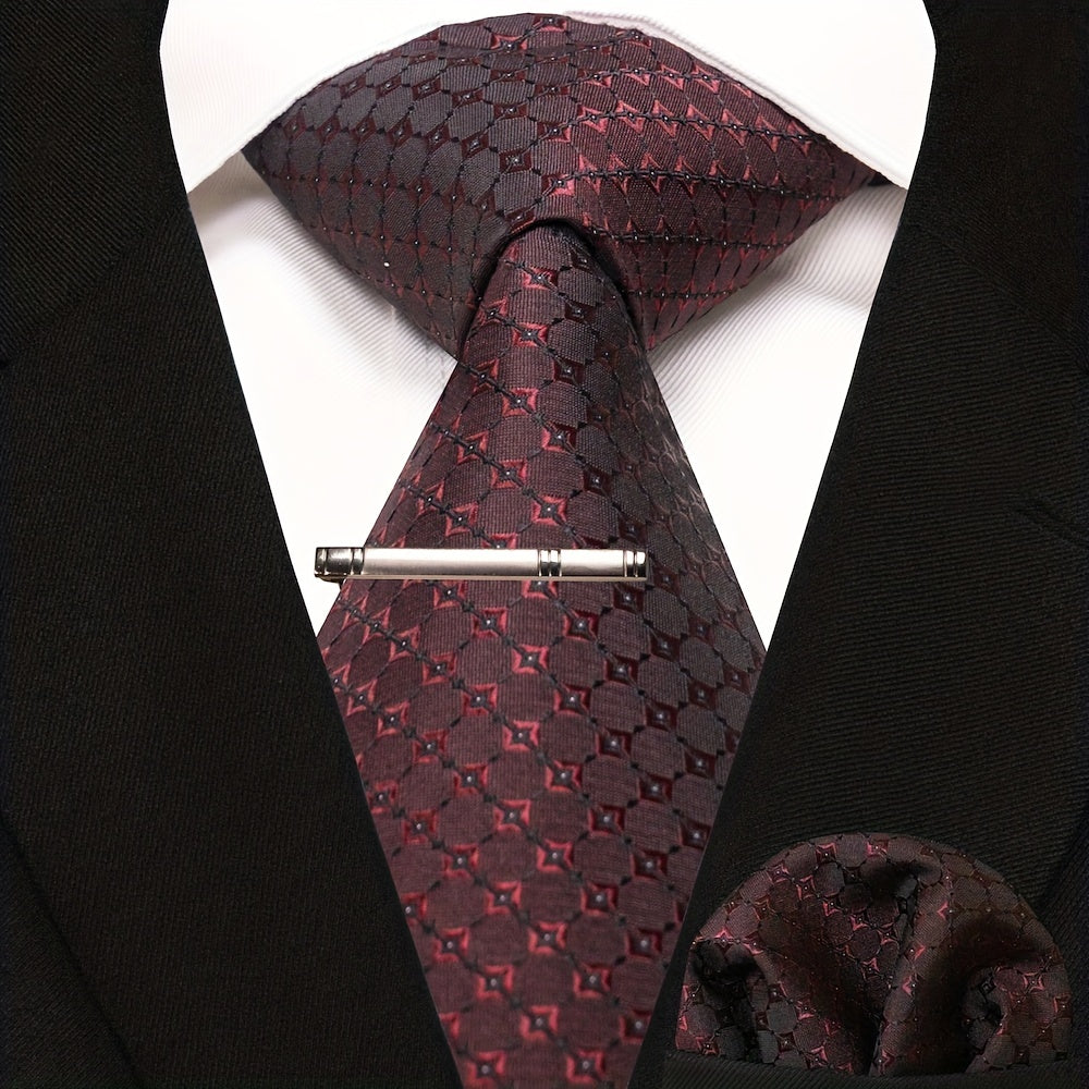 3pcs Dot Plaid Tie & Pocket Square Set w/ Tie Clip - Party & Business Men