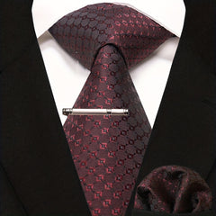 3pcs Dot Plaid Tie & Pocket Square Set w/ Tie Clip - Party & Business Men