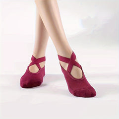 Women's Non Slip Yoga Socks with Extra Grips - Cross Strap Sports Socks