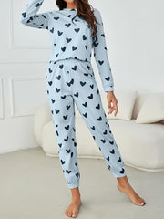 Heart Print Pajama Set Long Sleeve & Elastic Waistband Pants