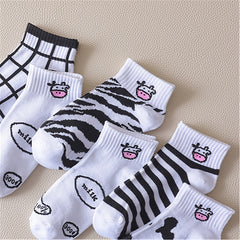 6 Pairs Cartoon Cow & Striped Ankle Socks Women's Stocking