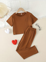 Girls 2pcs Outfits Solid Stripe Print T Shirt & Long Pants