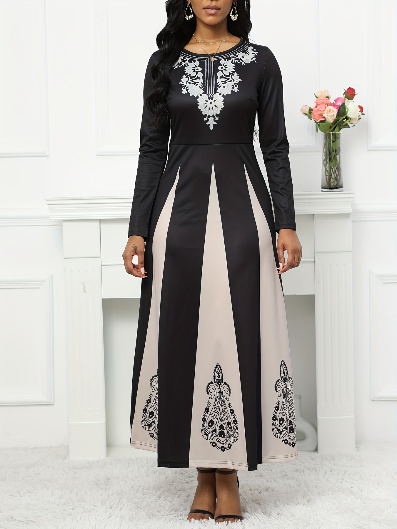Block Maxi Dress Crew Neck Long Sleeve Dress Women's Clothing