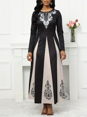 Block Maxi Dress Crew Neck Long Sleeve Dress Women's Clothing
