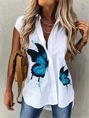 Butterfly Print Button Up Cap Sleeve Blouse