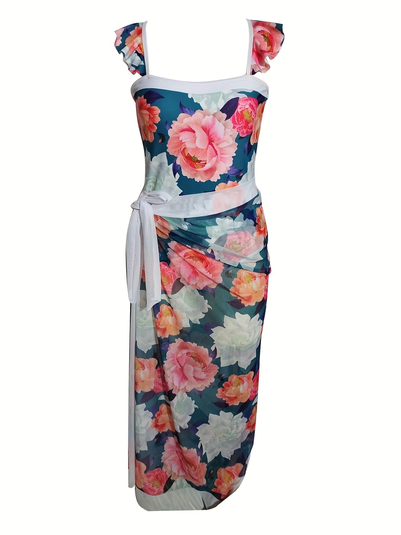 Women's Plus Floral Print One Piece Swimsuit & Wrap Cover Up Skirt Set