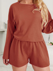 Waffle Knit Lounge Set Solid Long Sleeve Pajama Two Piece