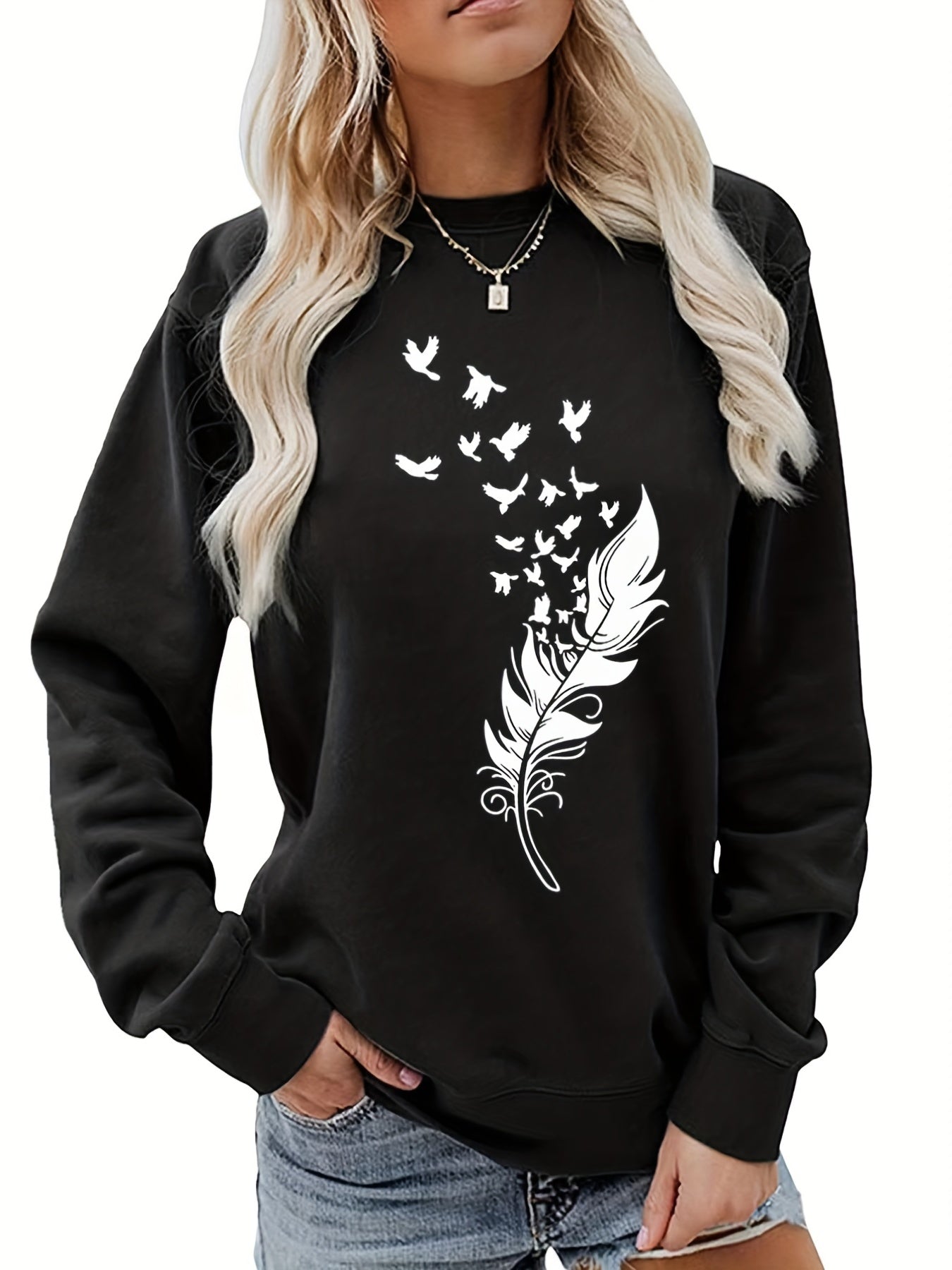 Feather Print Pullover Sweatshirt Loose Fit for Fall & Winter