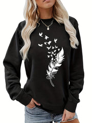 Feather Print Pullover Sweatshirt Loose Fit for Fall & Winter