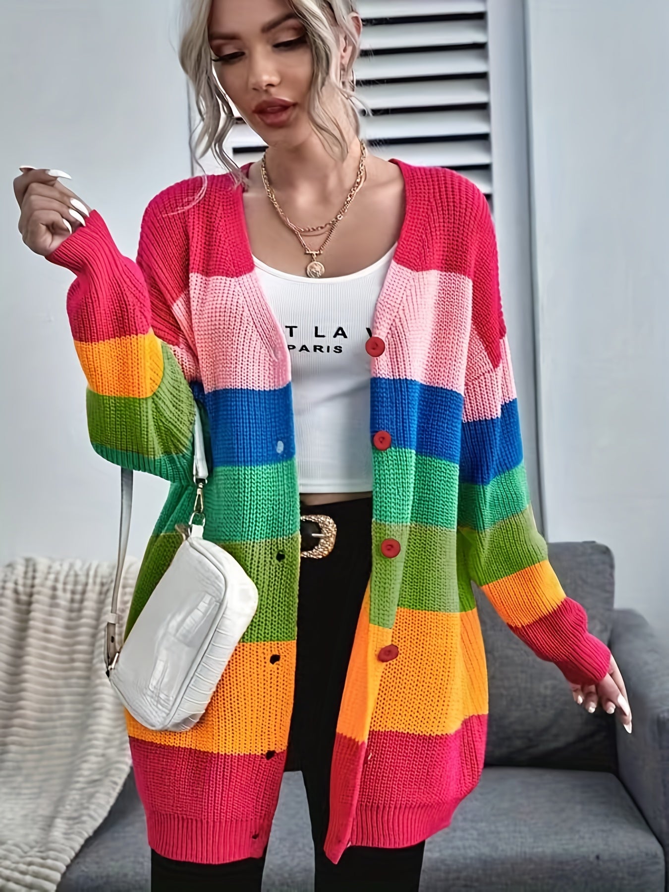 Rainbow Striped Knit Cardigan V-Neck Button Front Sweater