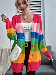 Rainbow Striped Knit Cardigan V-Neck Button Front Sweater