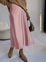 Vintage Satin Maxi Skirt High Waist Summer Casual Solid Retro Style