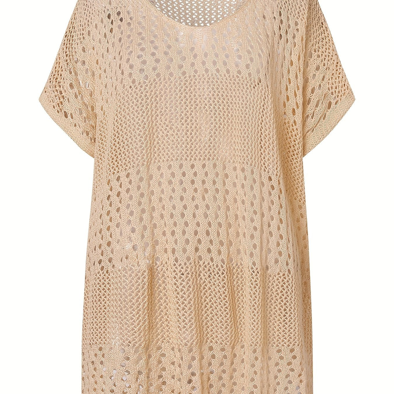 Apricot Crochet Eyelet Hollow Cove Up Dress Shorts Sleeve Solid Vacation Boho