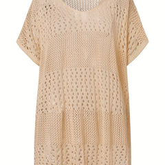 Apricot Crochet Eyelet Hollow Cove Up Dress Shorts Sleeve Solid Vacation Boho