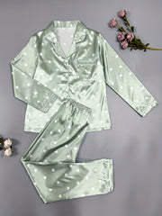Heart Print Pajama Set Long Sleeve Top & Pants Women's Sleepwear