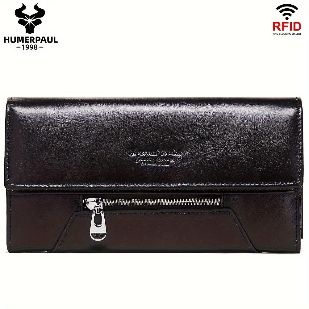 HUMERPAUL Leather Travel Wallet Long Wallet Zipper Closure Red