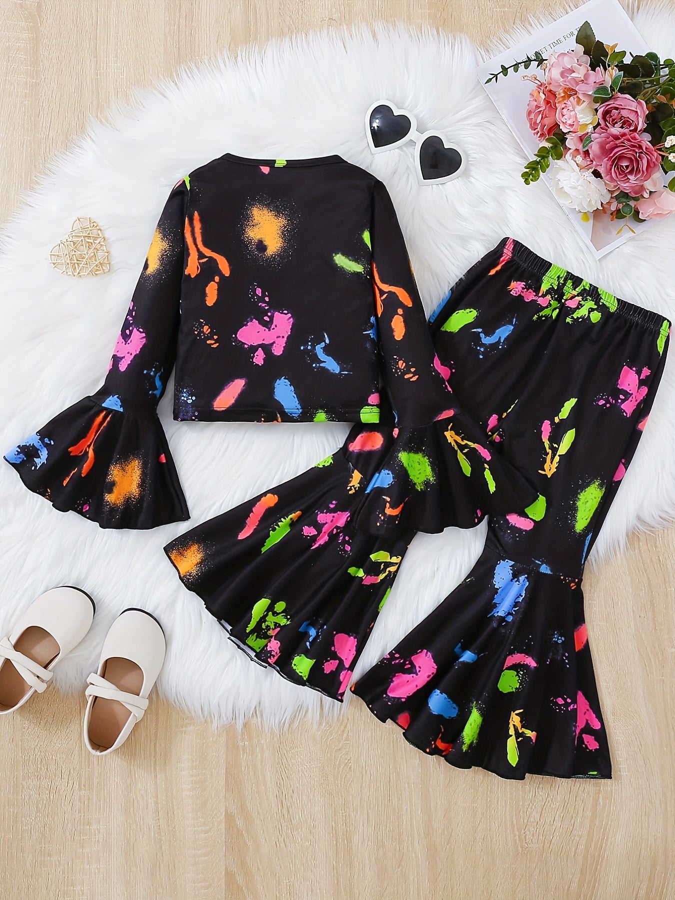 Girl's Trumpet Sleeve Top & Flared Pants Set Colorful Paint Print Outfits