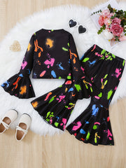 Girl's Trumpet Sleeve Top & Flared Pants Set Colorful Paint Print Outfits