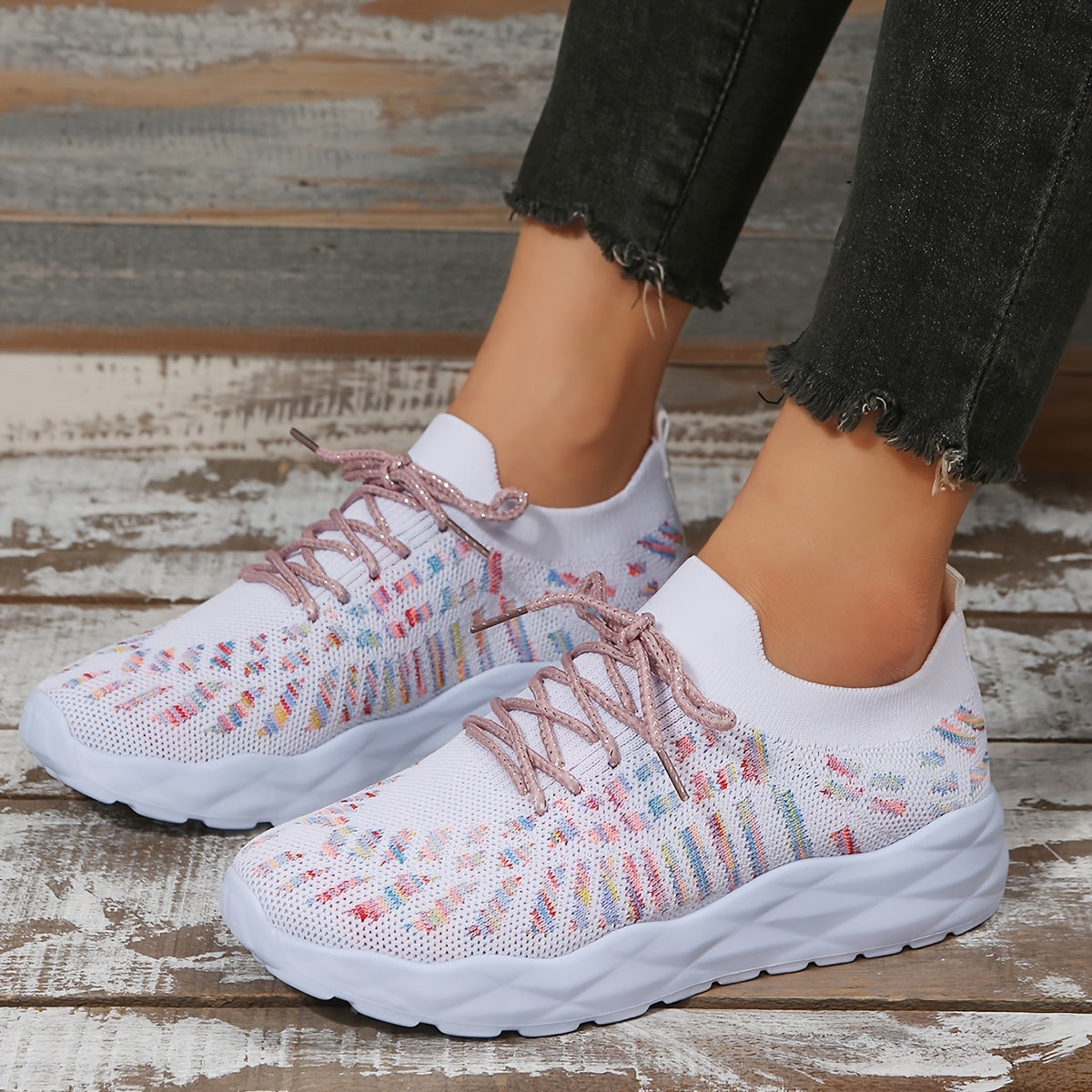 Women's Knit Lace Up Sneakers Breathable Sports Shoes