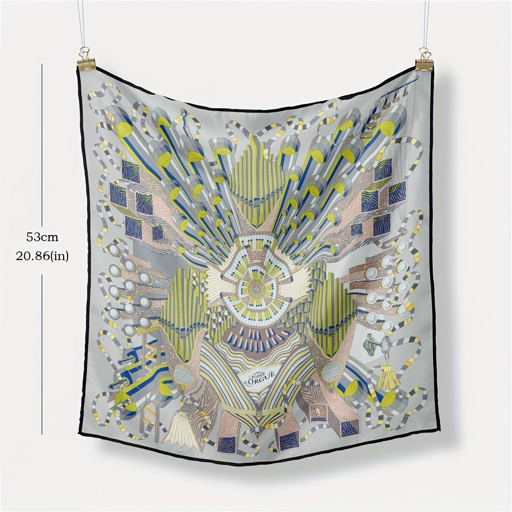 Boho Geometric Print Bandana Vintage Gray Silk Head Wrap Neckerchief