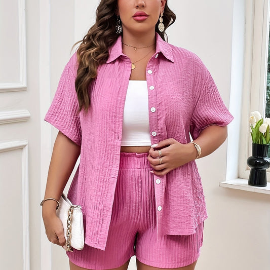 Women's Plus Solid Button Up Drop Shoulder Blouse & Shorts Set