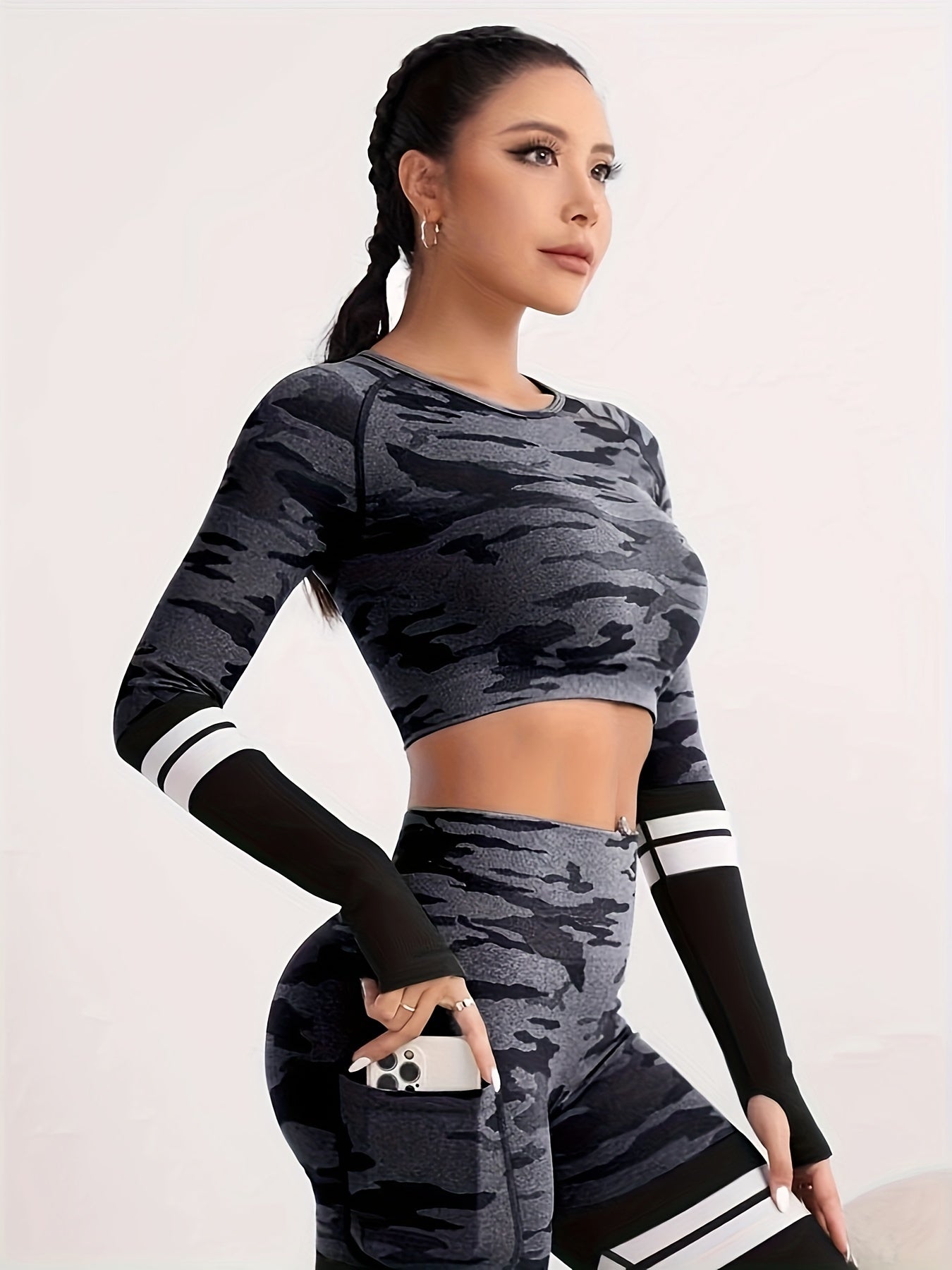 Camouflage Striped Long Sleeve Crop Top & Sports Set Suit