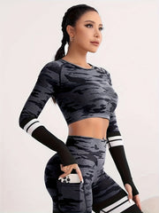 Camouflage Striped Long Sleeve Crop Top & Sports Set Suit