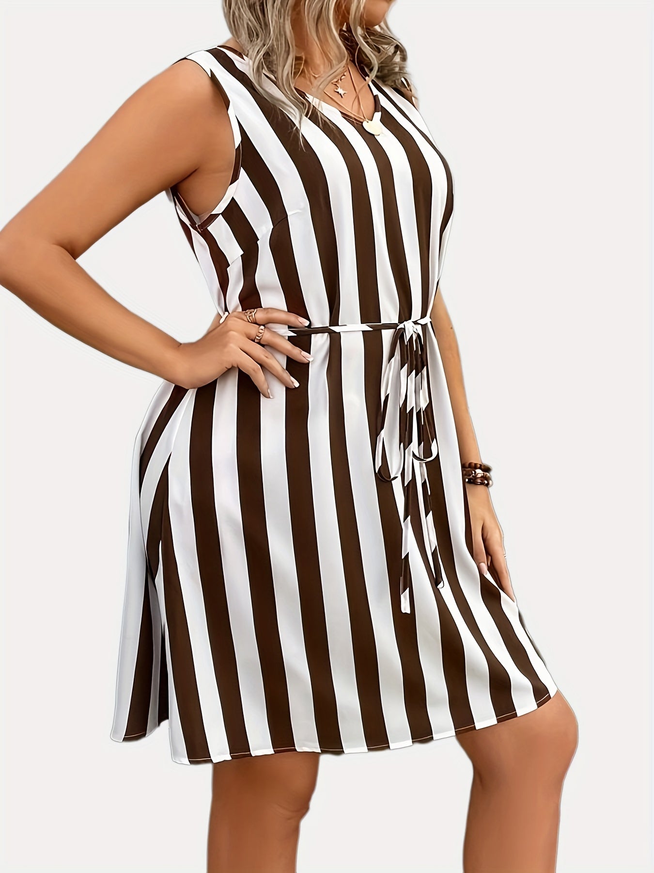 Stripped Tank Dress with Belted Waist