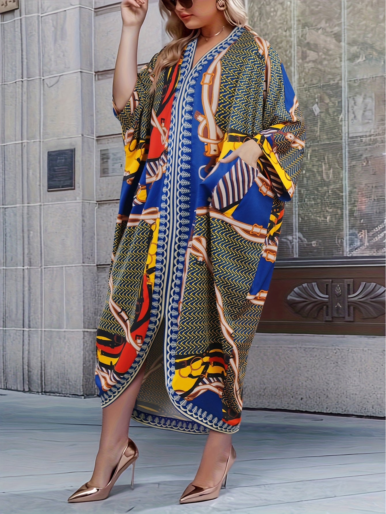 Chevron Chain Print V Neck Maxi Kaftan Cover Up Dress