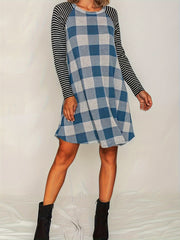 Colorblock Gingham & Stripe Print Long Sleeve Dress