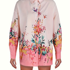 Blouse Women's Plus Bird Print Long Sleeve Button Up Tunic Top