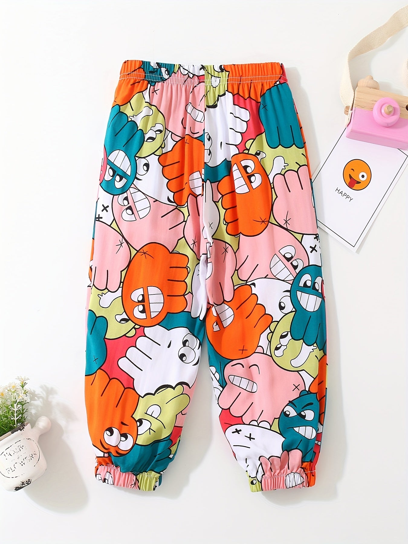 Girls' Cartoon Face Jogger Pants For Outfit