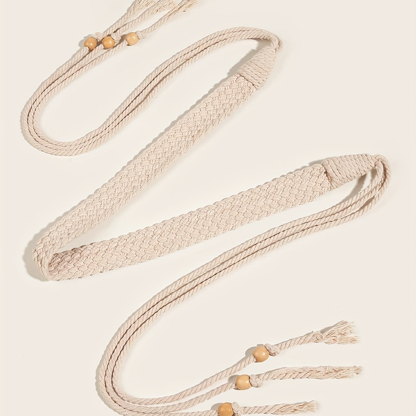 Beige Sash Belt Vintage Beads Tassel Bow Knotted Belt