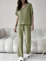 Ribbed Lounge Set Short Sleeve Top & Pants Women's Loungewear