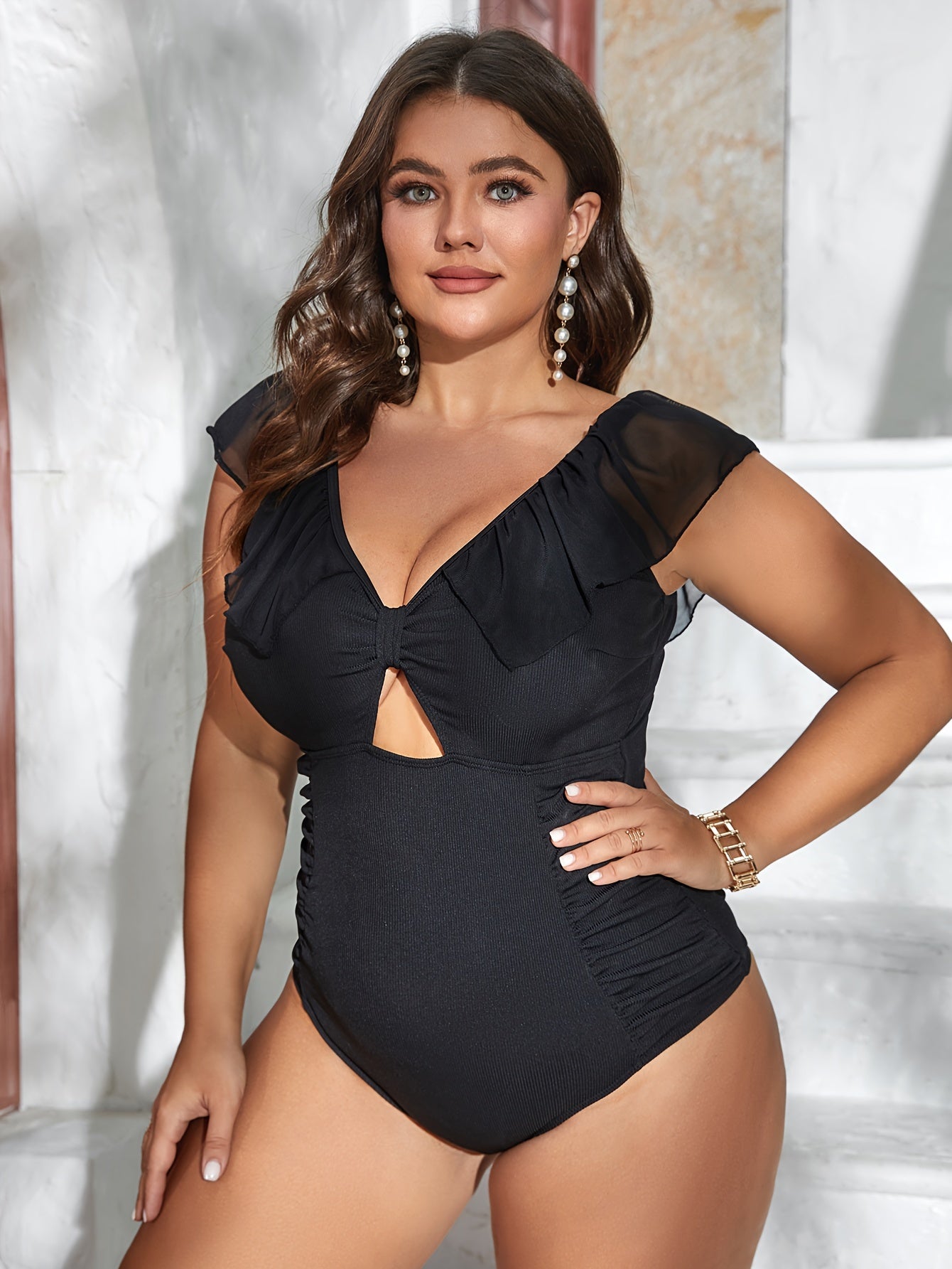 Sexy Swimsuit Women's Plus Keyhole V Neck Ruffle Trim Ruched One