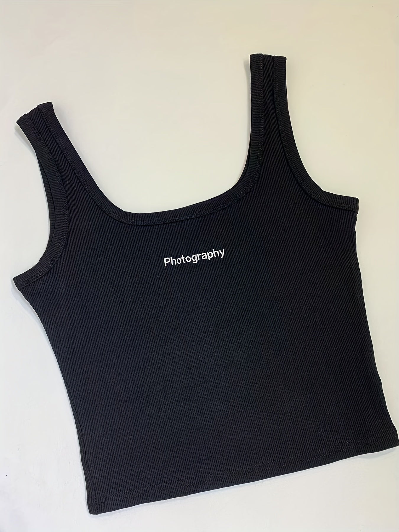 Letter Photography Print Ribbed Tank Top Women's Sleeveless Summer Casual Top