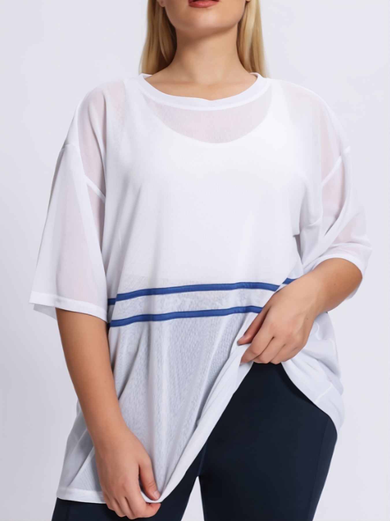 Strip Print Short Sleeve Pullover Sports Top