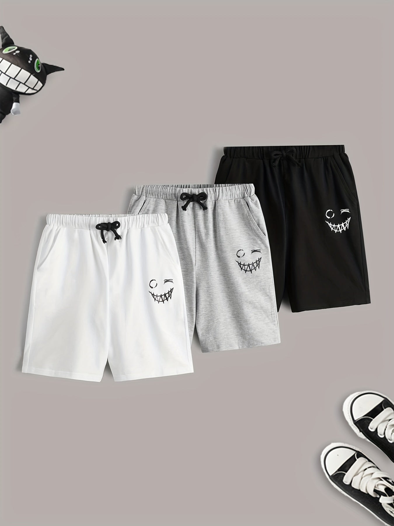 3pcs Smiling Print Boys Quick Drying Shorts for Summer Outdoor